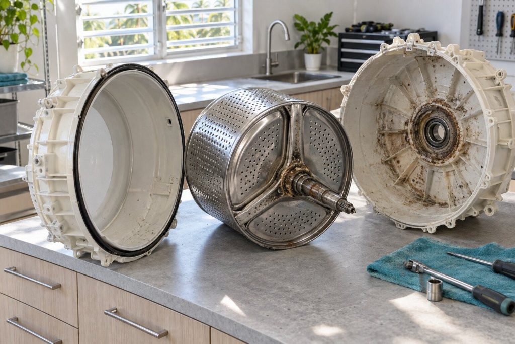 A washer outer tub split into its two halves on a workshop bench with the drum and shaft lying between them, the failed bearing race visible in the rear half.