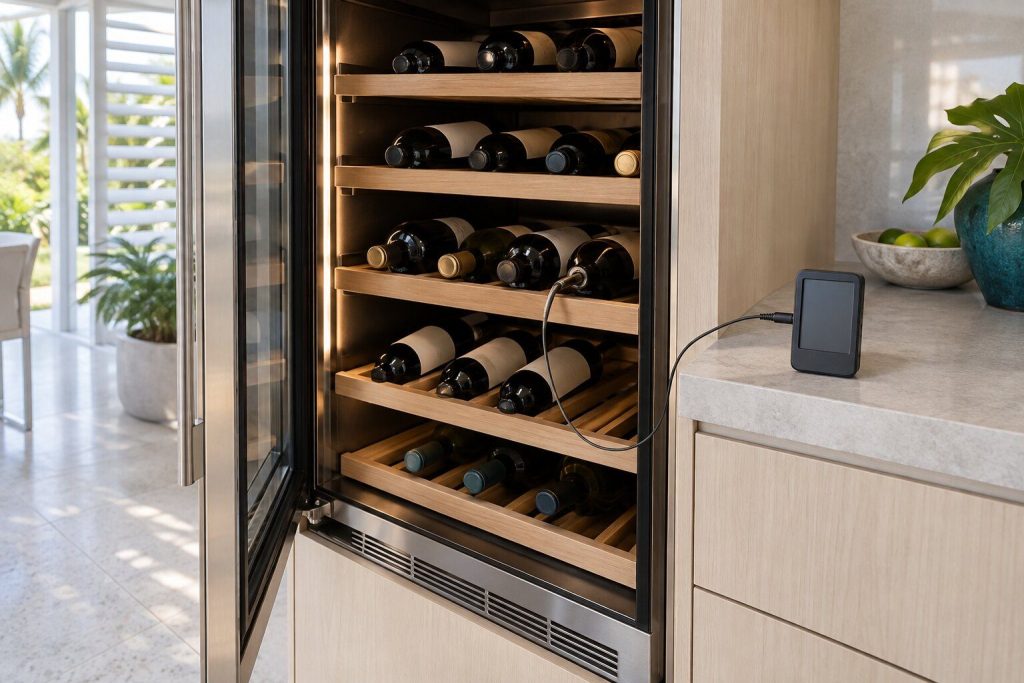 A slim probe lead resting among the bottles on a wooden rack inside an open wine cabinet, a data logger standing on the counter beside it.