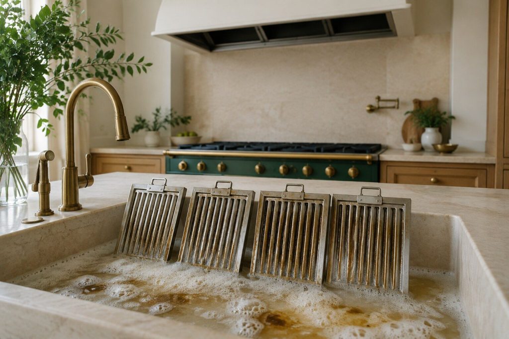 Four steel baffle filters standing on edge in a sink of hot soapy water, grease lifting off them into the foam, the empty hood canopy visible out of focus above and behind.