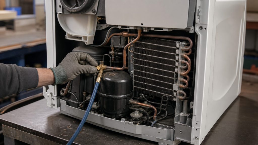 The back of a dryer open on the bench: compressor, finned heat exchanger, copper tubing and the blower housing, a blue charging hose on a brass fitting.