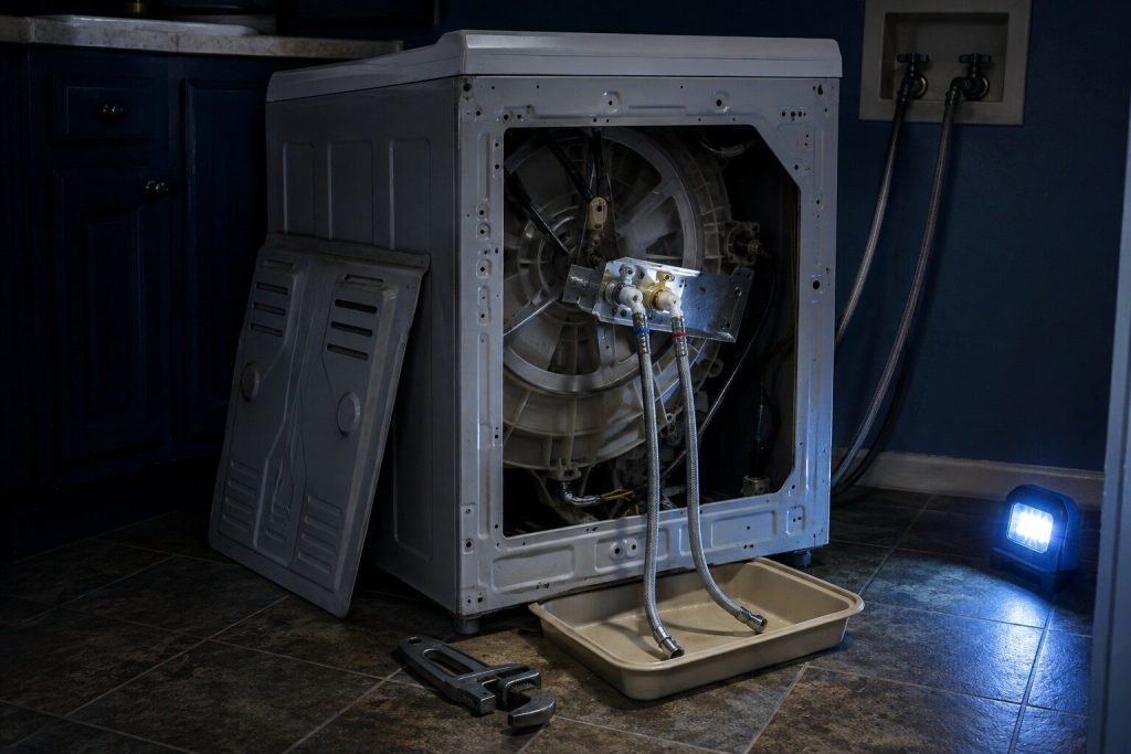 A washer pulled out with its upper rear panel off, the inlet valve on its bracket with both braided hoses