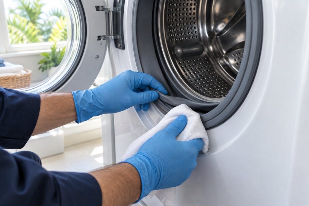 Gloved fingers pulling open the fold at the bottom of a front-load washer door gasket, a cloth in the other hand