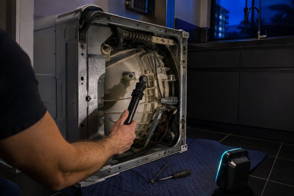 A suspension damper unbolted from the outer tub of a washing machine and held clear of its bracket, the machine on its side on a blanket.