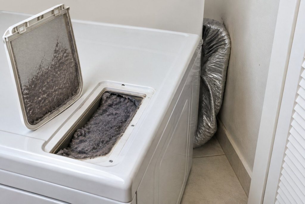 A dryer's lint screen lifted clear of its slot and standing to one side, the housing below it visibly packed with gray lint, and a flexible foil duct crushed flat where the machine has been pushed back to the wall.