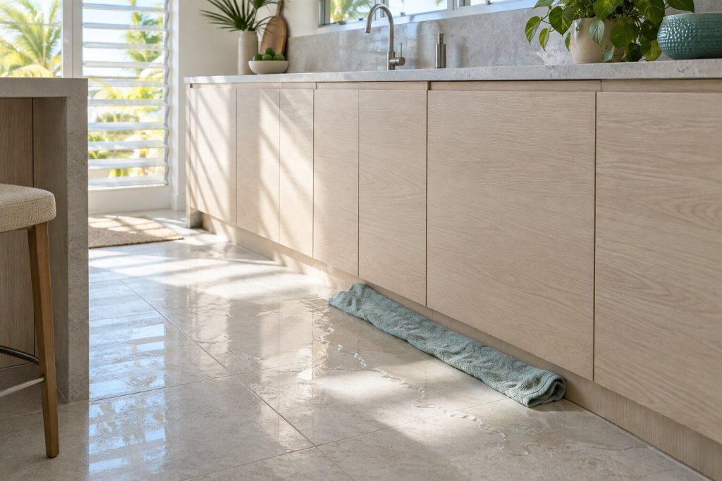 A thin spread of water across pale tile at the foot of a run of oak cabinetry, a folded towel laid along the kickboard and the panel front giving nothing away.