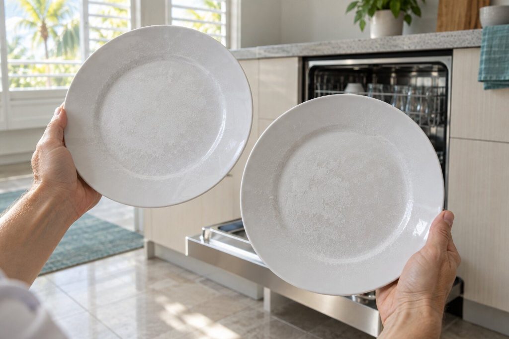 Two plates lifted out of a finished dishwasher and held up in the light, both dulled with a fine gritty film, the open machine out of focus behind.