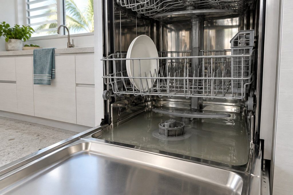 An inch of gray water standing over the filter in the floor of an open dishwasher tub at the end of a program, a plate still in the lower basket above it.