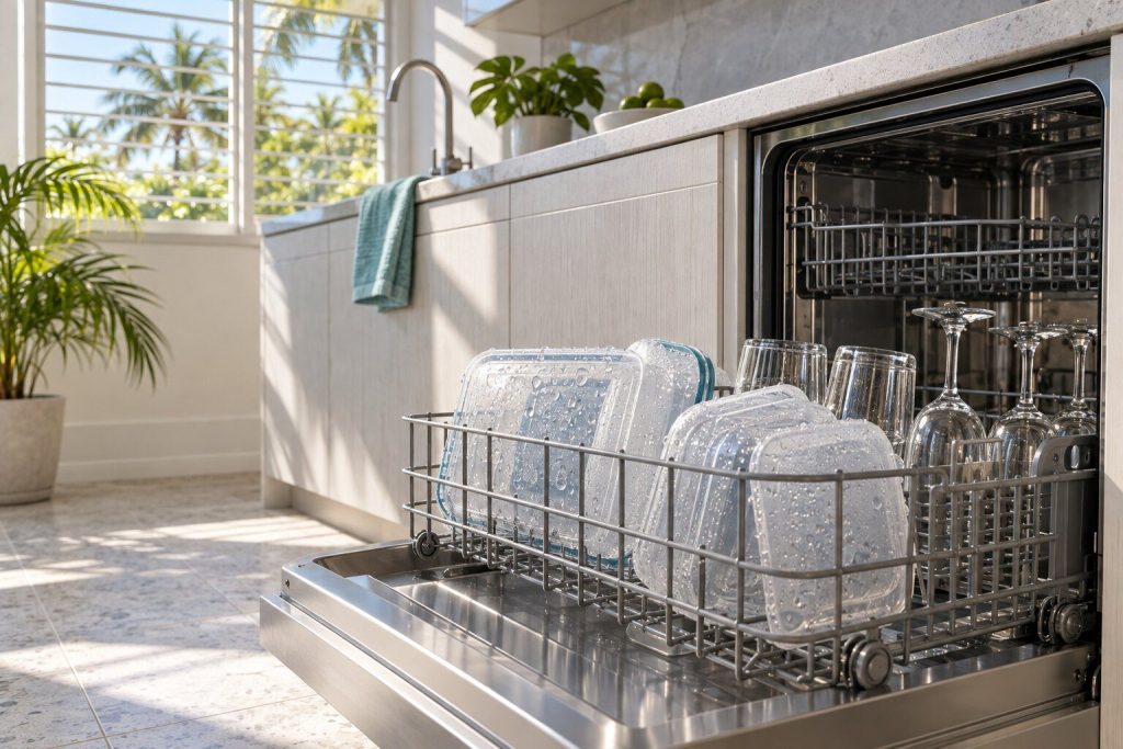 An open dishwasher basket of plastic containers beaded all over with water standing beside glassware that has come out dry.