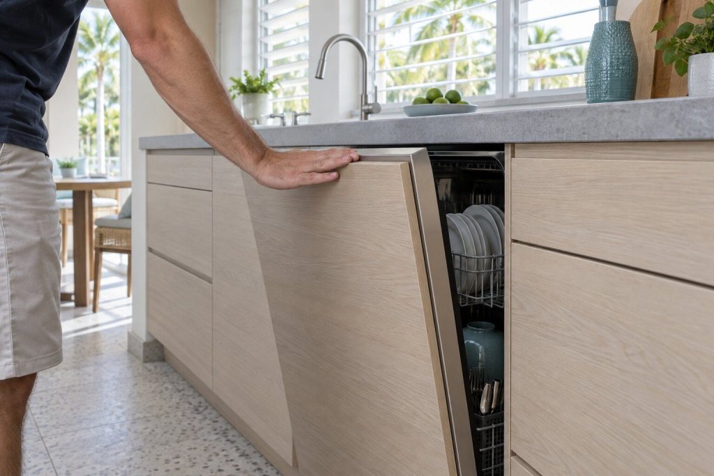 A hand pressing the door of a panel-ready dishwasher closed against its catch, the machine dark and silent, a full lower basket visible through the gap.