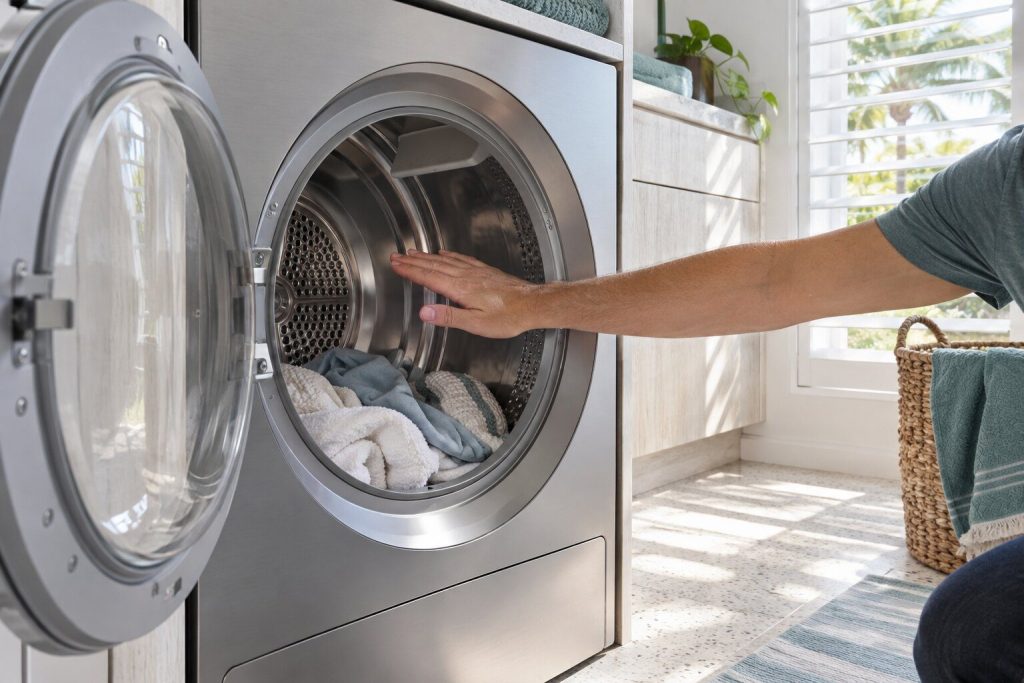 A hand held flat inside the open drum of a dryer that has run a full program, the drum cool and the load lying tumbled and cold.