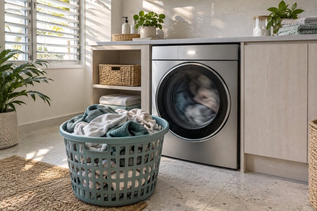 A dryer running with its display lit too small to read and a full laundry basket standing on the tile in front of it, late afternoon light through a shutter.