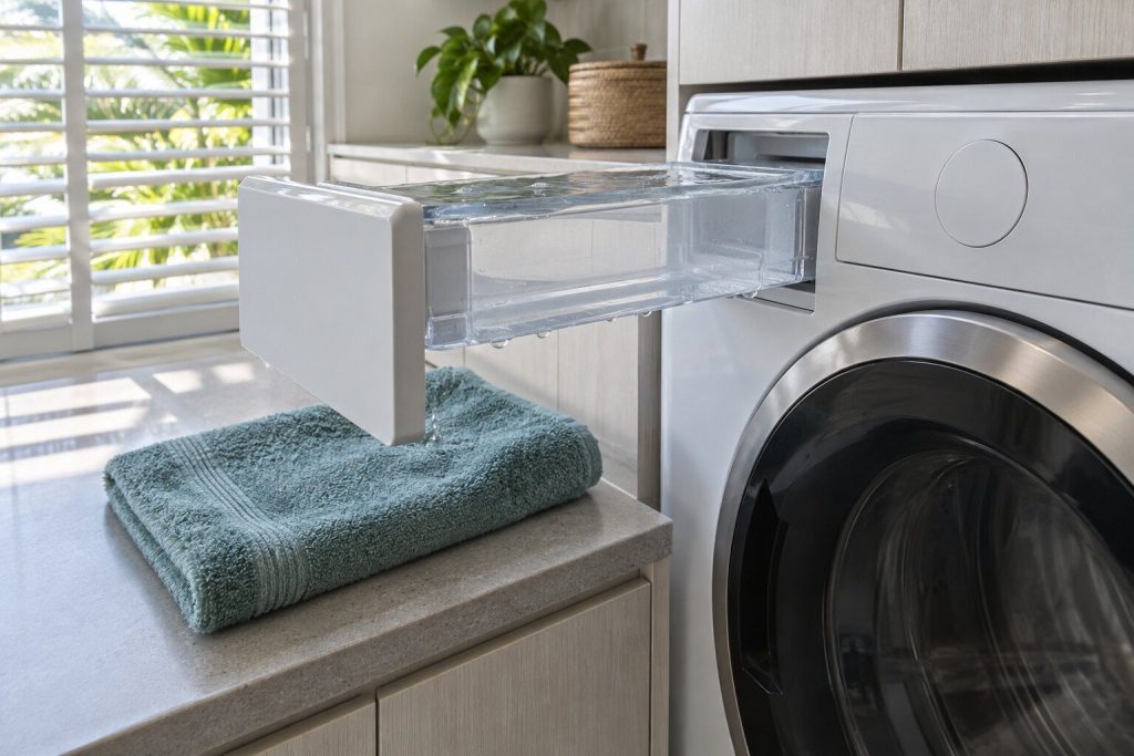 The water container of a heat-pump dryer pulled out at the top of the machine and brimming, water at the lip, a towel under it on the worktop.