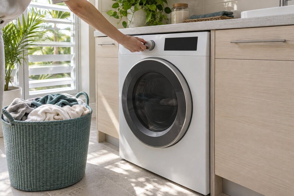 A hand at the program selector of a dryer with the door closed and nothing lit, a full basket of washing waiting on the floor beside it.