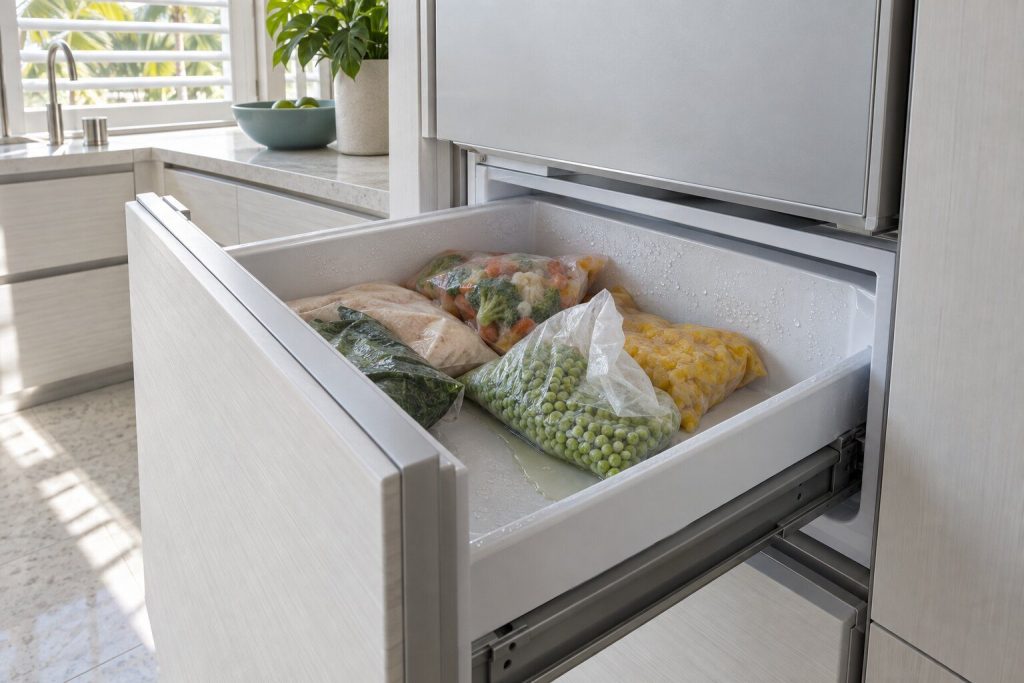 An open freezer drawer of soft packets and a bag of peas that has slumped out of shape, the liner damp rather than frosted.