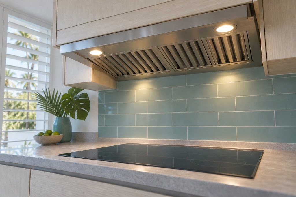 The underside of a concealed hood liner with both lamps lit over an empty cooking surface and the baffle filters completely still.