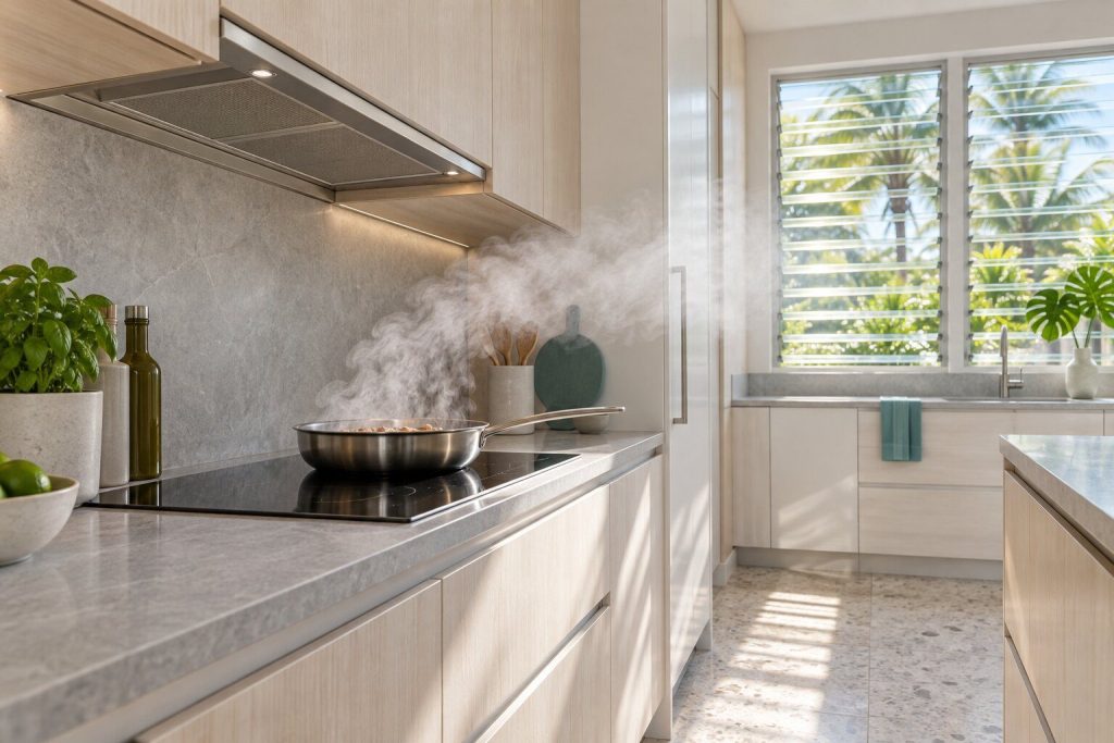 Steam from a pan on a cooking surface drifting sideways out into a bright kitchen instead of up into the concealed hood liner running above it.