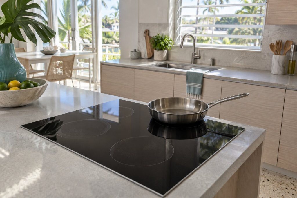A pan standing on one zone of a black glass induction top with three other zones showing faint use marks, nothing happening under it.
