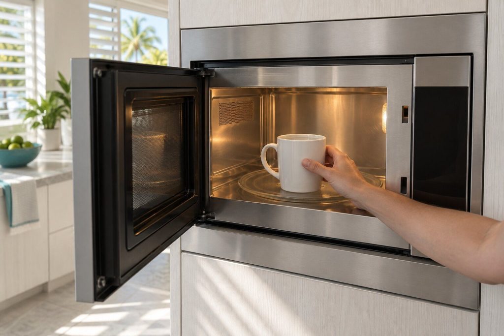 A mug of water standing in the lit cavity of a built-in microwave with the door open and a hand resting against the cold side of the mug.