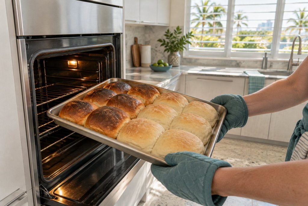 A tray of rolls taken out of an oven with the row along one side browned dark and the row along the other barely colored.