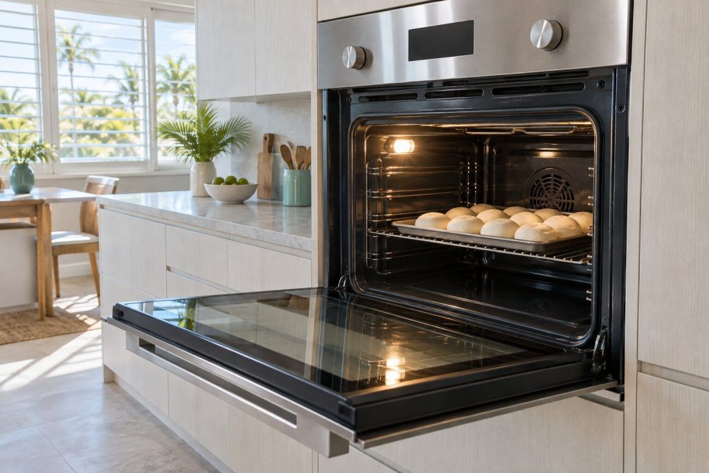A tray of pale raw rolls sitting on the shelf of an oven whose interior light is on and whose cavity is plainly cold, the door held open.
