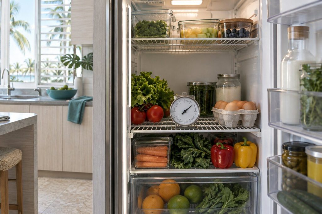 A dial thermometer standing on a wire shelf inside an open integrated refrigerator column with ordinary food around it, the interior light on.