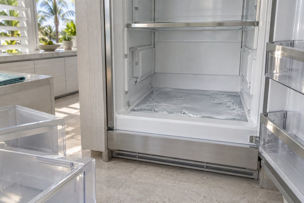 A sheet of clear ice lying across the floor of a refrigerator under the lifted-out crisper drawers, meltwater at its edge.