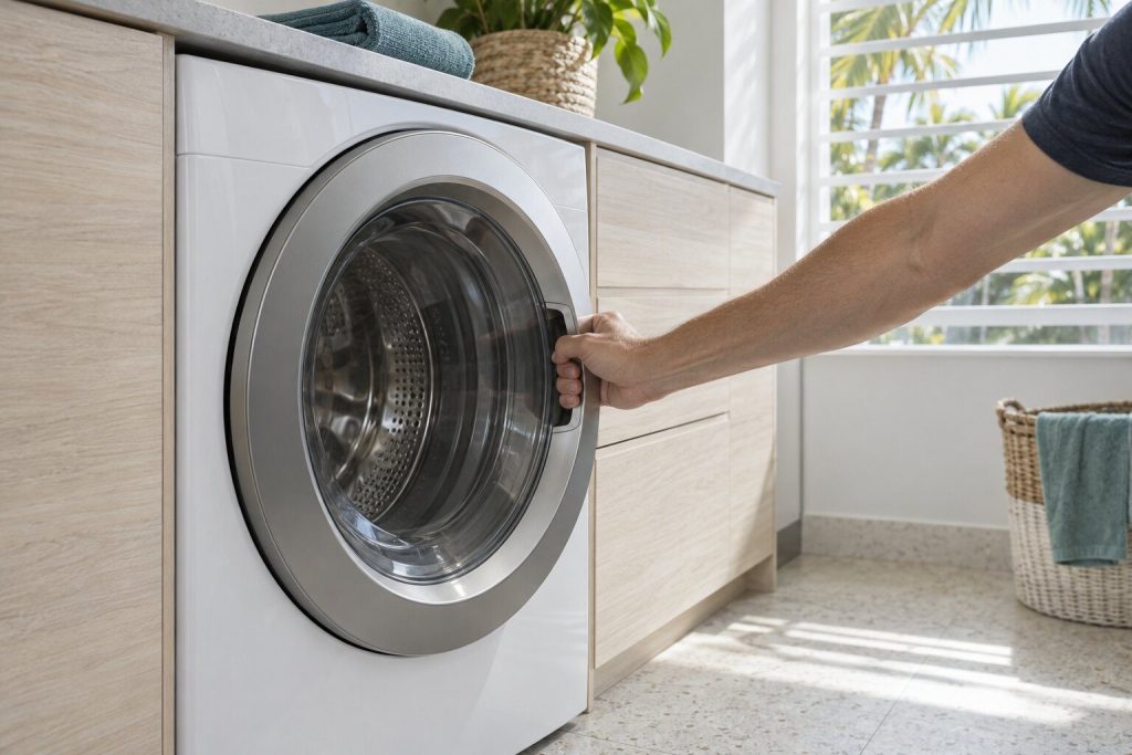 A hand pulling at the closed glass door of a front-load washer that has finished its cycle, the drum still and the door not moving.