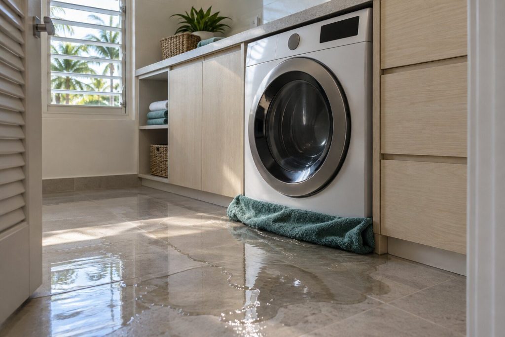 Water spreading across the tiled floor of a laundry closet from under a washer, no source visible, a towel pushed against the plinth.