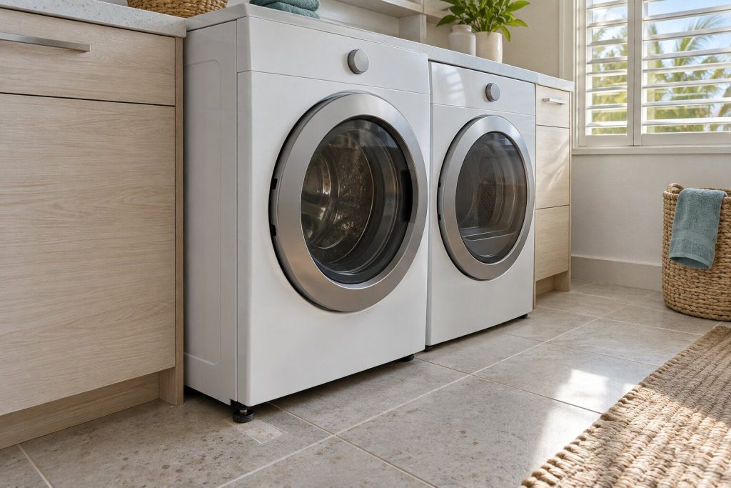 A front-load washer standing a hand-width out of line with the dryer beside it on a tiled laundry floor, one foot clear of its mark on the tile.