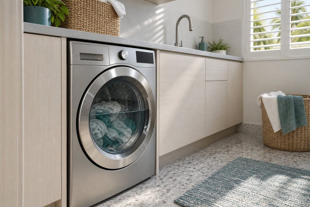 The drum of a front-load washer half full of standing water behind the closed glass door at the end of a program, laundry floating in it.