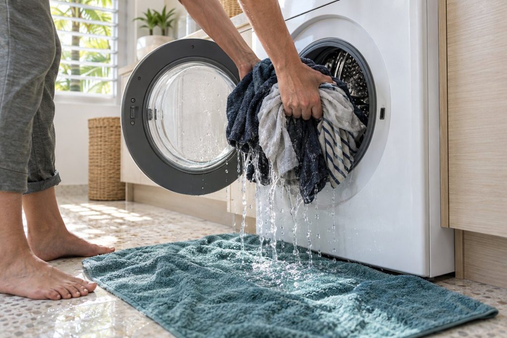 A soaked bundle of laundry lifted out of a washer drum in two hands, water running off it onto the tiled floor and a towel already spread there.