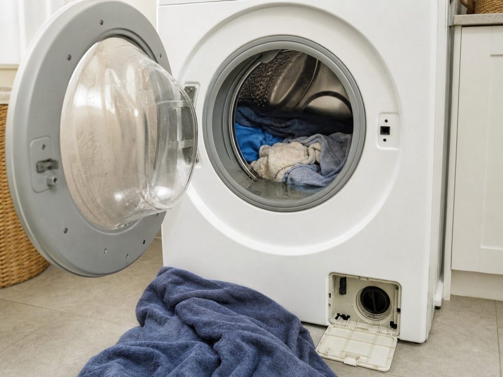 An open front-loading washing machine door with wet clothes sitting in a drum still holding water, a towel on the floor in front of it, the small pump filter access panel open at the bottom right.